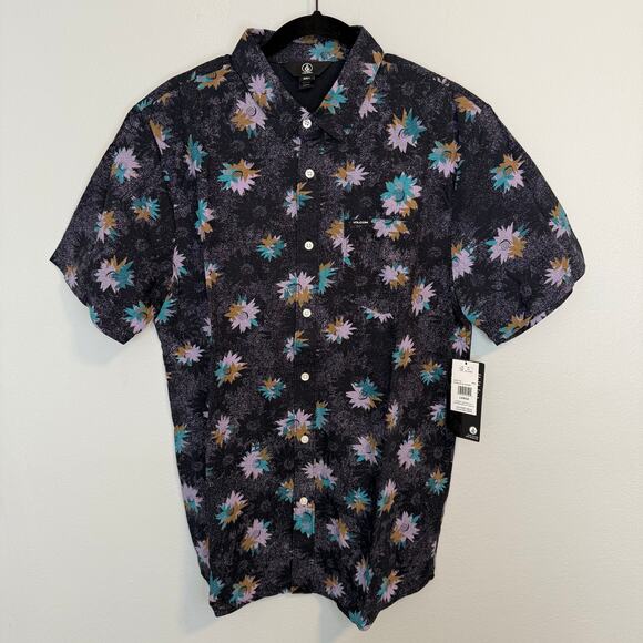 Volcom Floral Button Up Short Sleeve Shirt Grey Surf Men’s Size L New NWT - Picture 1 of 7